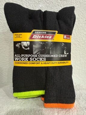 Dickies Black Crew Work Socks with Neon Green and Orange -8 Pairs size 6-12
